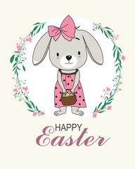 happy easter day card. Cute rabbit with a basket of easter eggs
