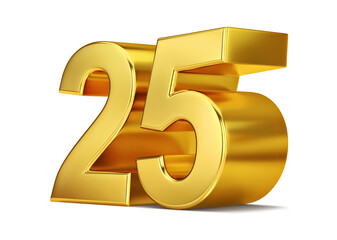 Golden twenty five number isolated on white. Clipping path included
