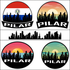 Pilar Skyline Silhouette Paraguay Flag Travel Souvenir Sticker Sunset Background Vector Illustration SVG EPS AI