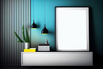 Colorful vintage Living Room Interior. Wall with Empty Frame Mockup as Perfect Background for your picture
