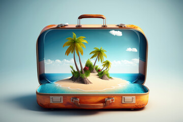 Suitcase with tropical island inside, travel concept - Generative AI
