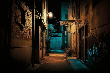 Gritty urban alleyway with dim lighting