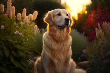 Purebred Golden Retriever dog outdoors in a garden on a sunny day.