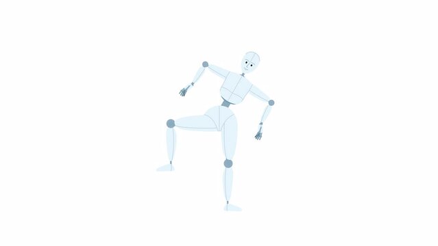 Animated humanoid robot movements. Robotics engineering. Dance automation. Flat character animation white background with alpha channel transparency. Color cartoon style 4K video footage