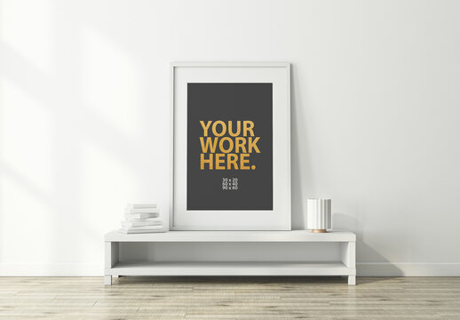 Vertical Poster Frame Mockup with passepartout in room