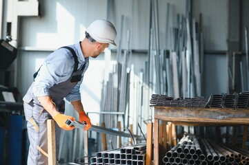 Obraz premium Factory worker measures the metal profile
