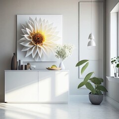 Room deco with plants and a big photo on the wall: empty, blank, nobody, no people, photorealistic, illustration, Generative AI
