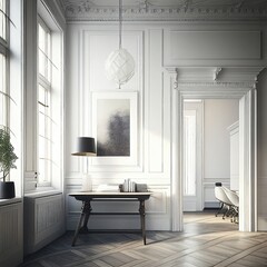 A hall with a decorative interior in a large old house: white wall and wood floor, empty, blank, nobody, no people, photorealistic, illustration, Generative AI