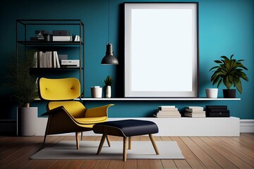 Colorful vintage Living Room Interior. Wall with Empty Frame Mockup as Perfect Background for your picture