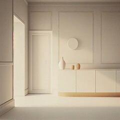 An empty room in off-white color: minimalistic interior in a neutral color, blank, nobody, no people, photorealistic, illustration, Generative AI