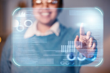 Worker, hands or hologram screen in night office on financial management, stock market trading or business growth data. Zoom, woman or finger on abstract touch for chart, graph or interactive finance