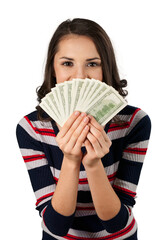 Brunette female holding fanned out cash
