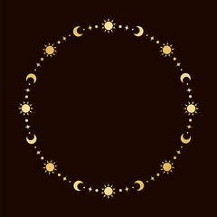 Mystic celestial round golden frame with sun, stars, moon phases, crescents and copy space. Ornate magical background.