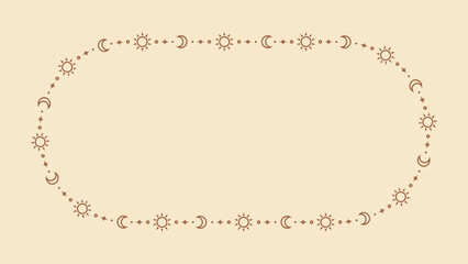 Mystic celestial frame with sun, stars, moon phases, crescents and copy space. Ornate bohemian magical background.