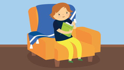 Illustration of a boy reading a book while sitting in a chair