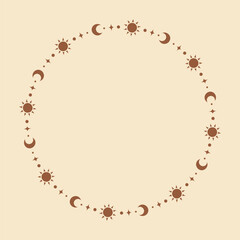 Mystic celestial round frame with sun, stars, moon phases, crescents. Ornate bohemian magical border background.