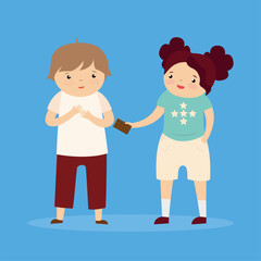 Little girl and boy shaking hands. Vector illustration in flat style.
