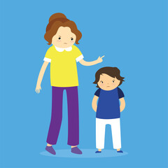Mother and daughter. Vector illustration in flat style. Isolated on blue background.