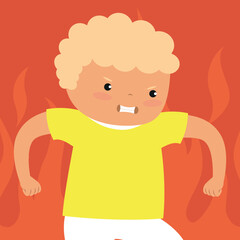 Illustration of a little boy in a yellow t-shirt against the backdrop of fire.