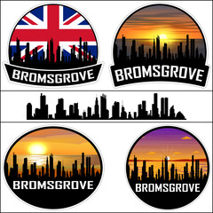 Bromsgrove Skyline Silhouette Uk Flag Travel Souvenir Sticker Sunset Background Vector Illustration SVG EPS AI
