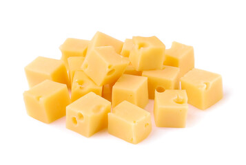 Sliced cheese, cubes, white background