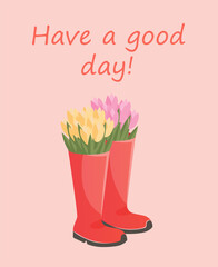 Greeting card with different tulips in rubber boots. Spring or summer vector illustration sketch