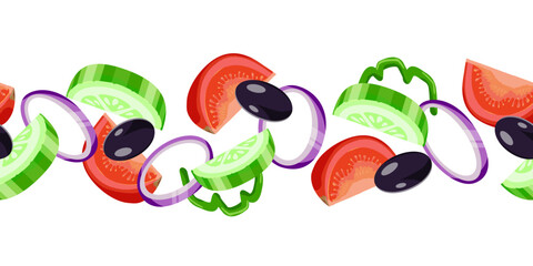 Set of slices of fresh vegetables: tomatoes, olives, onions, green peppers, cucumbers isolated on white background. Food vector illustration. Seamless border.