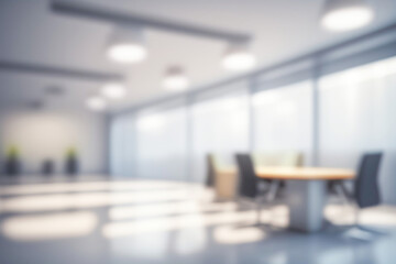 Beautiful blurred background of a light modern office interior with panoramic windows and beautiful lighting. - obrazy, fototapety, plakaty