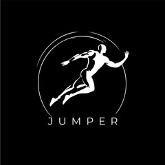 White icon of jumper silhouette on black background, sport logo template, jogging or jumping modern logotype concept, t-shirts print, tattoo, infographic. Vector illustration