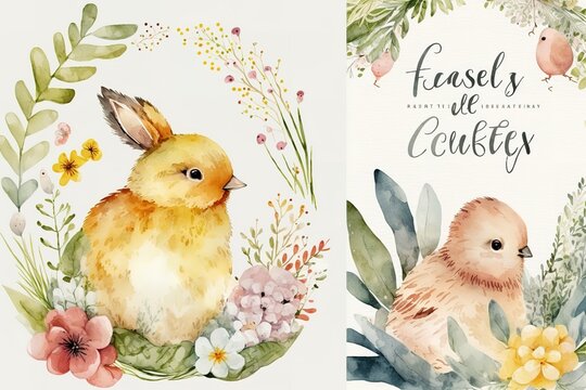Happy Easter! Vector illustrations of watercolor cute bunny, chick, flowers, plants and greeting frame. Pictures for poster, invitation, postcard or background, AI genertaed