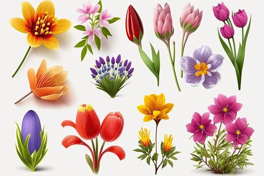Set of different spring beautiful flowers on a white background. Generative AI