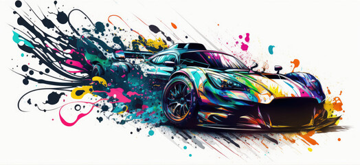 Artsitic, colorful illustration of a racing car - Generative AI - 581014312