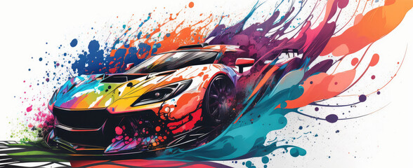 Artsitic, colorful illustration of a racing car - Generative AI - obrazy, fototapety, plakaty