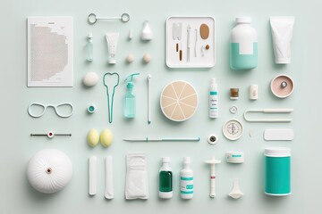 Flat lay composition with medical objects on white background, AI generated