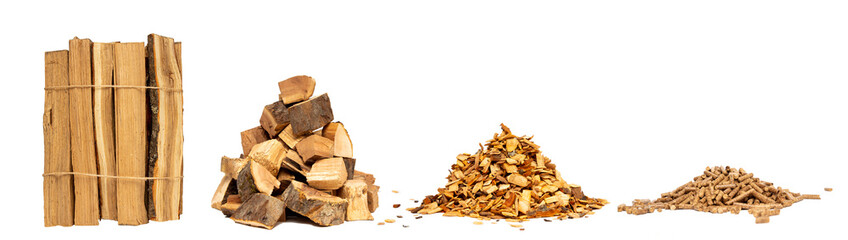 collage of different types of wood from firewood to pellets