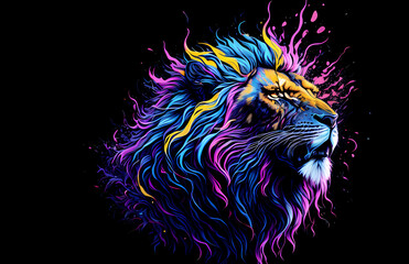  A colorful abstract portrait lion on black background. Generative AI.