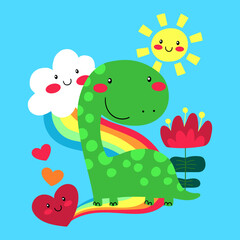 Illustration of a dinosaur on a background with a cloud from which a rainbow comes out, a smiling sun, a flower and a heart, design for a t-shirt. Vector illustrations