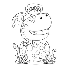 Illustration in black and white  of a small t-rex dinosaur that hatches from the egg and makes a roar, coloring page, coloring book