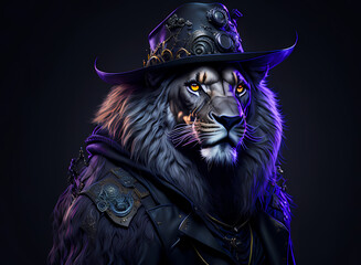 A colorful portrait of a steampunk lion on black background. Generative AI.