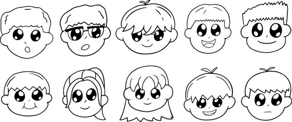 Cartoon kid face avatas set. Different kids with emotions outline style, vector illustration.