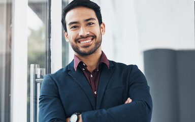 Office portrait, leaning and man confident for startup entrepreneurship, corporate management or company success. Entrepreneur, human resources or happy HR smile for career, job or executive vocation