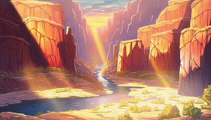 A breathtaking view of a canyon or gorge with towering cliffs on both sides and a river running through the bottom, generative ai illustration