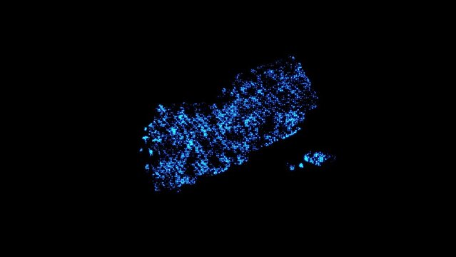 A map of a Yemen country consisting of glowing particles on a black background.