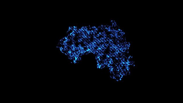 A map of a Guinean country consisting of glowing particles on a black background.