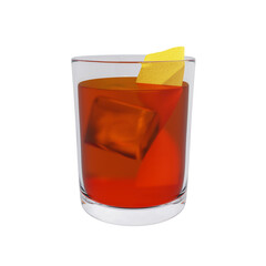 Boulevardier cocktail with ice cubes and an orange slice. An alcoholic drink consisting of whiskey, sweet vermouth and Campari. 3d rendering