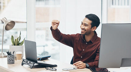 Sign and small gesture by happy businessman on a laptop, cheerful and excited in an office. Hands, emoji and little symbol by asian leader with idea for startup, mission or problem solving