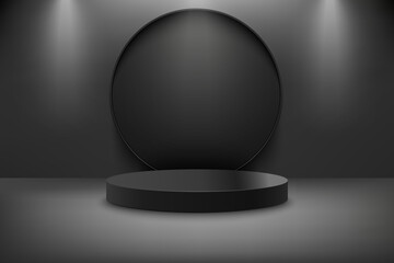Abstract 3D realistic black empty round podium with round backstage and lamp lighting. Minimal scene for product display presentation. Award ceremony concept