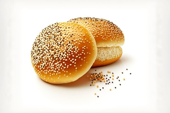 buns with sesame poy seeds and sugar baked bread on white background, created with generative ai