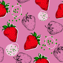 Ripe strawberry, strawberry lobules, flowers and leaves on white background. Vector shabby hand drawn illustration