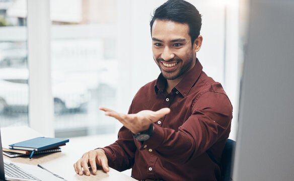 Invisible hologram, hand and business man in office with gesture for user interface, virtual tech and online ai. Network, 3d technology mockup and happy male at desk for internet, research and ux - Powered by Adobe